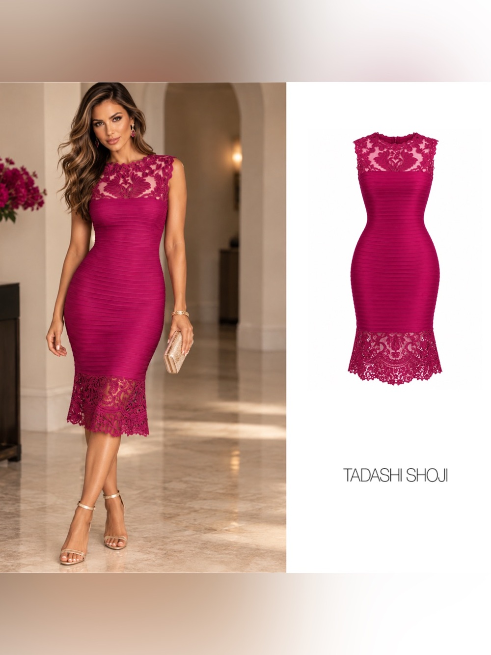 NEW Tadashi Shoji CORDED EMBROIDERY ON TULLE PINTUCK JERSEY BOATNECK DRESS